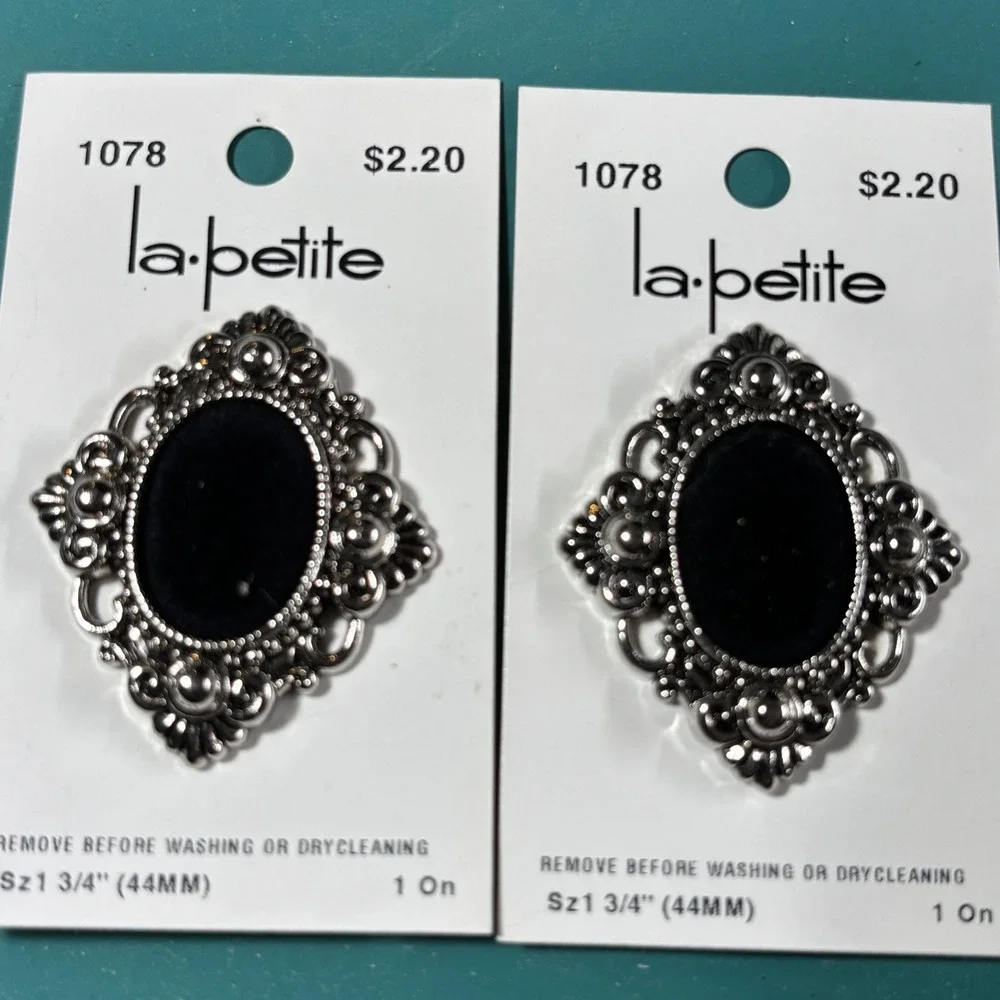 La Petite 1078 Ornate Silver Black Velvety Shank Buttons 1.75 Inch 44mm Set of 2